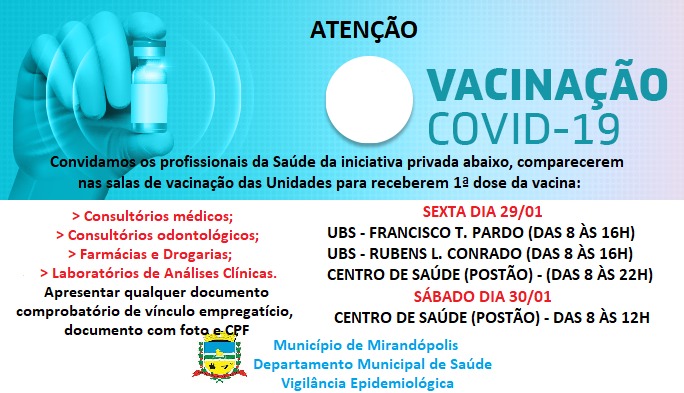 Covid-19: Profissionais da saúde privada receberão vacina sexta (29) e sábado (30)