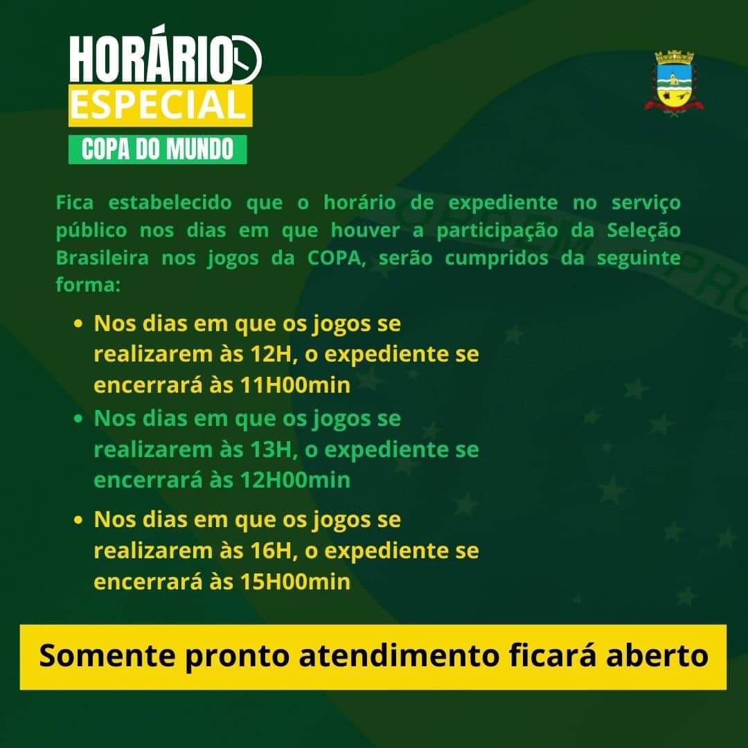 Prefeitura de Mirandópolis define horário de atendimento em dias de jogos do Brasil na Copa