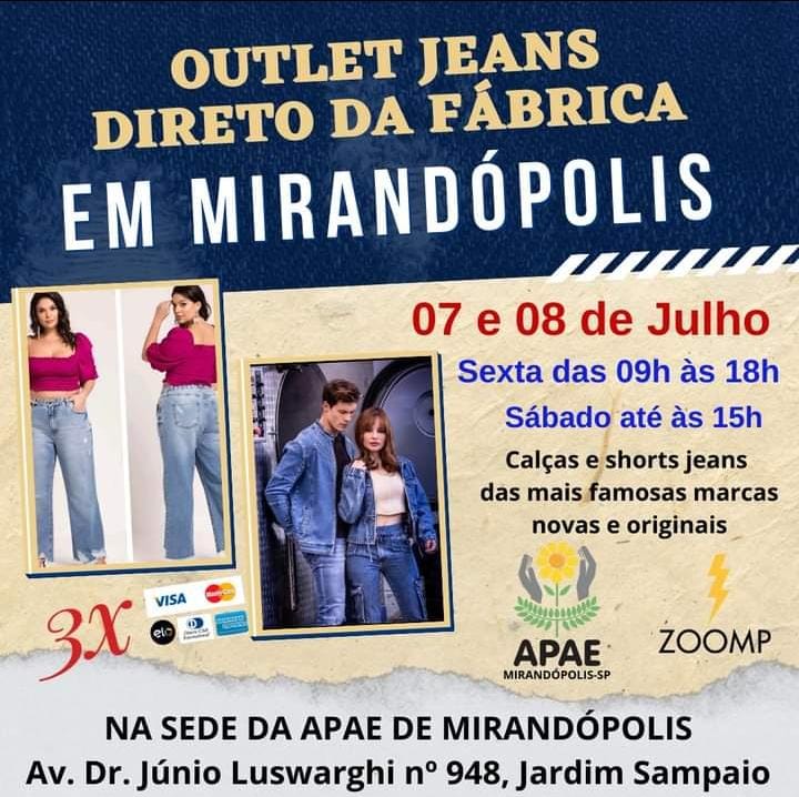 APAE de Mirandópolis realiza outlet de jeans nos dias 7 e 8; tradicional Leilão de Gado será no dia 9 de julho