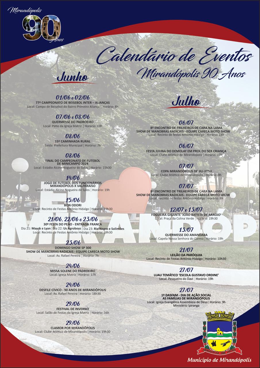 Mirandópolis 90 anos: prefeitura anuncia programação dos festejos do aniversário da cidade; veja o calendário
