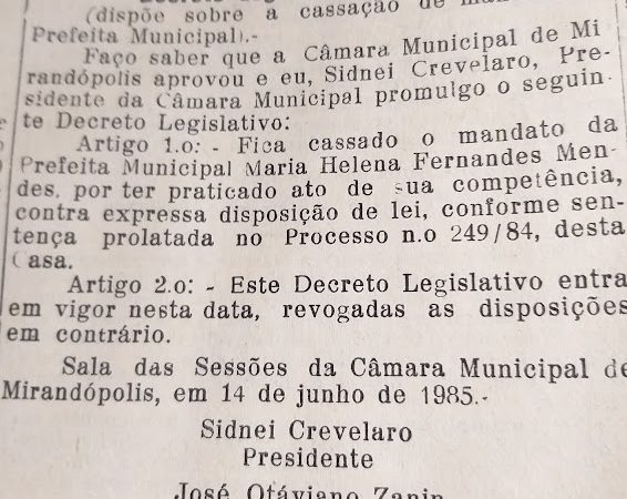Última cassação de mandato pela Câmara Municipal em Mirandópolis ocorreu há quase 40 anos