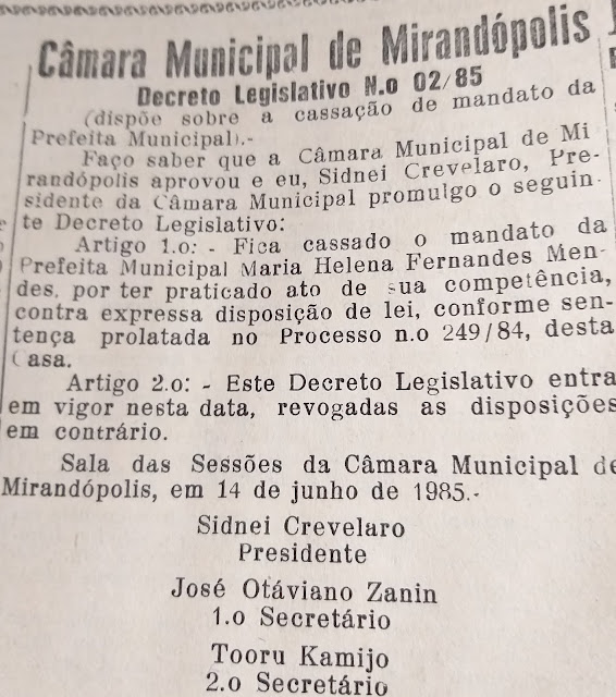 Última cassação de mandato pela Câmara Municipal em Mirandópolis ocorreu há quase 40 anos